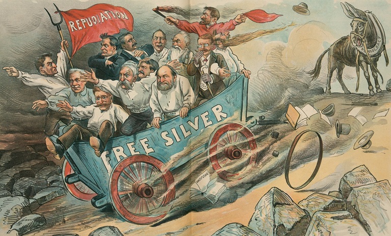 Political cartoon depicting supporters of Free Silver Movement in a cart driving downhill and waving a banner that says Repudiation