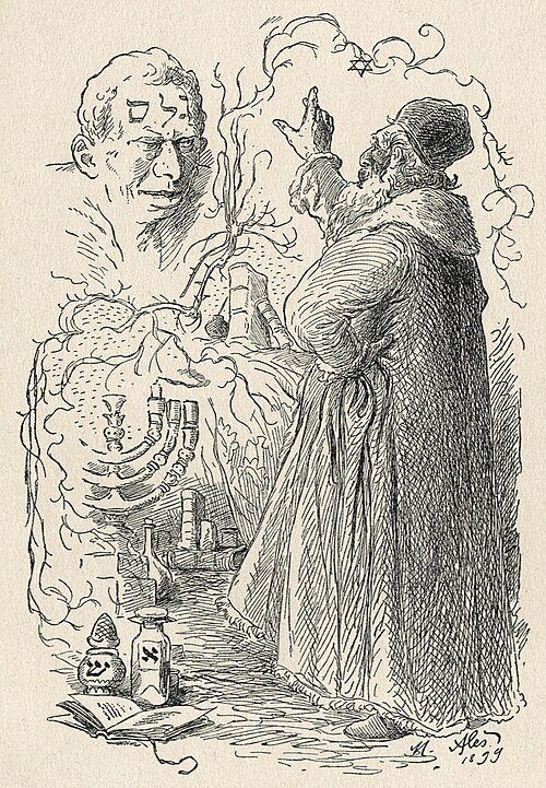 A drawing in ink on paper of Rabbi Loew creating the golem