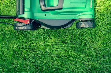 A lawn mower rolls over uncut grass