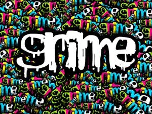 Graphic featuring the word grime repeated in different colors