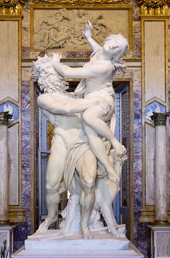 White sculpture depicting Persephone grappling with Hades