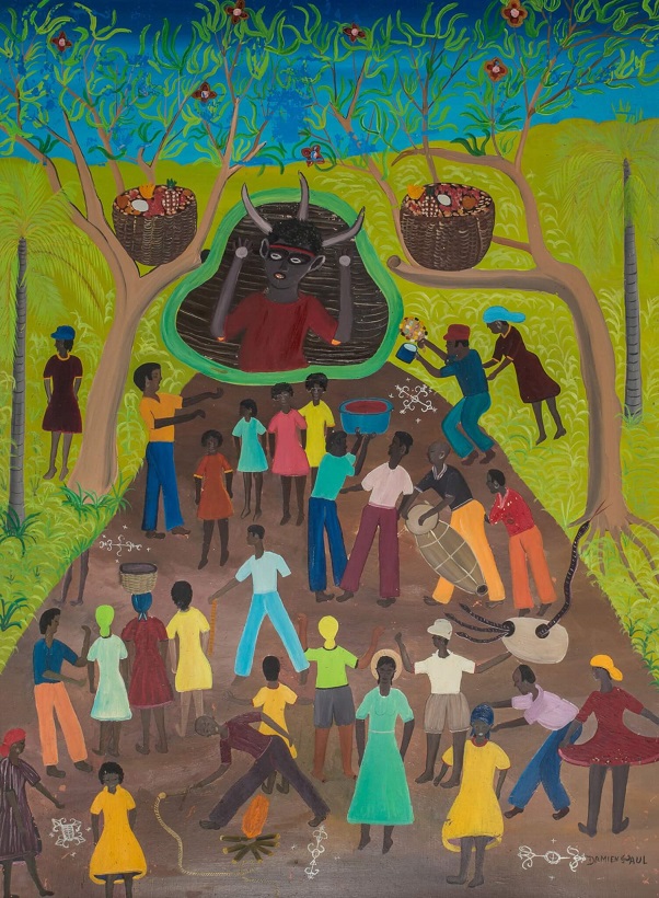 Brightly colored painting depicting people celebrating