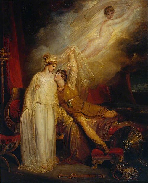 A painting of Helen and Paris embracing
