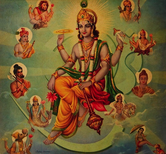 Painting of Vishnu with four arms and avatars