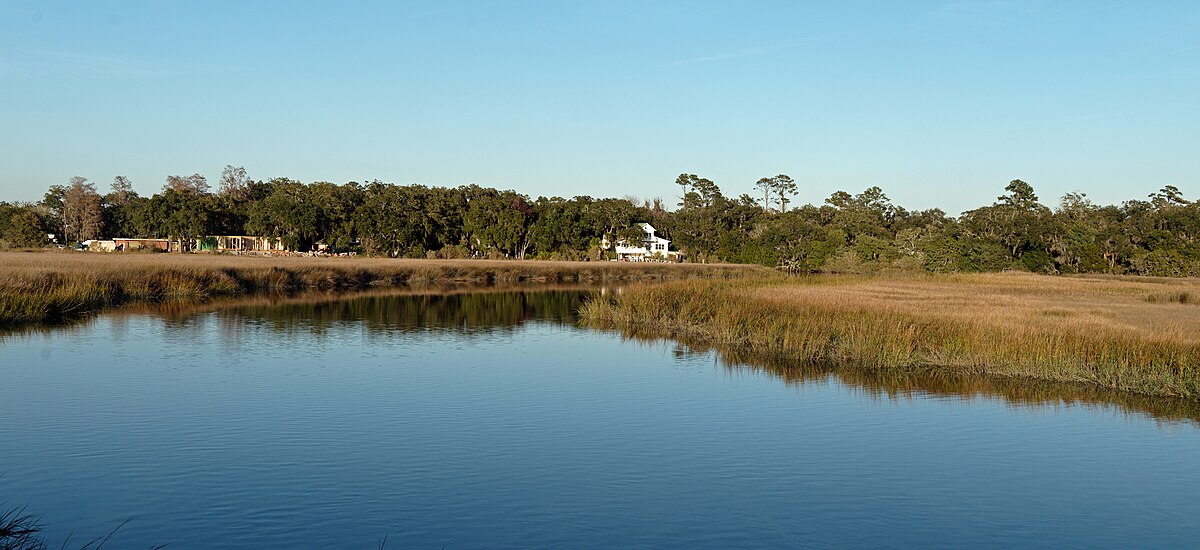 Color photo of an expanse of water and two dry grassy shores, with a line of trees in the background
