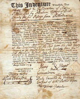 Scan of a yellowed handwritten indentured servitude contract signed by the indentured with an X