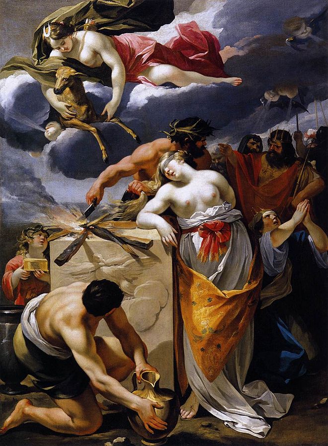 Iphigeneia surrounded by men preparing to sacrifice her with Artemis watching from above