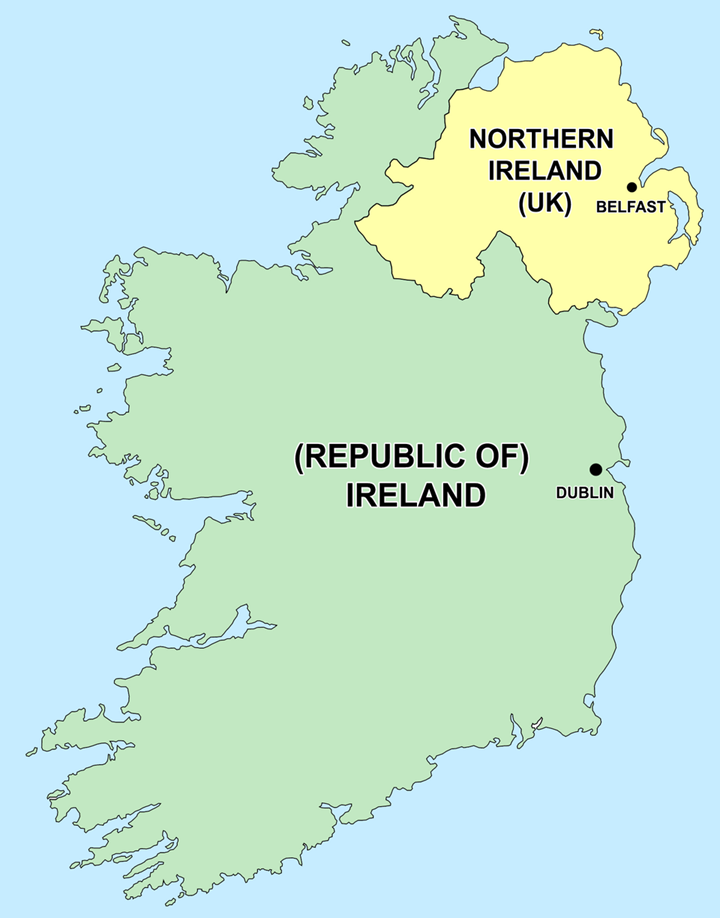 Map delineating the Republic of Ireland and Northern Ireland which is in the northeast corner
