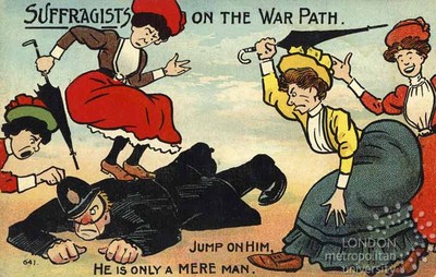 Political cartoon depicting women stomping on, yelling at, and hitting a police officer with an umbrella with the caption Jump on him, he is only a mere man