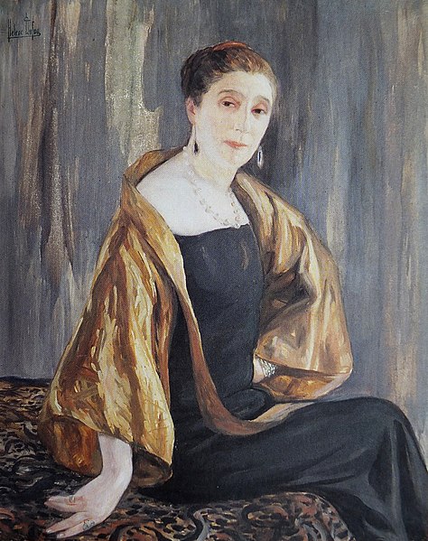 Oil painted color portrait of Jeanne Lanvin posing seated in a black gown and gold shoulder wrap