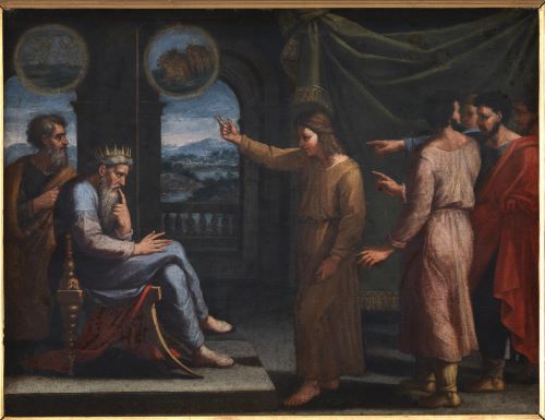 Joseph Interprets Pharoah's Dream, color painting by Nicolas Poussin depicting Joseph standing before the pharoah and pointing upwards