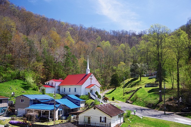 A church and other buildings in Kermit, West Virginia