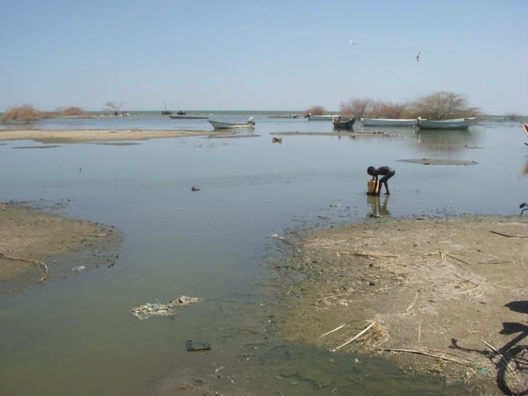 Shallow pools of Lake Chad with small boats and a child bending toward the water