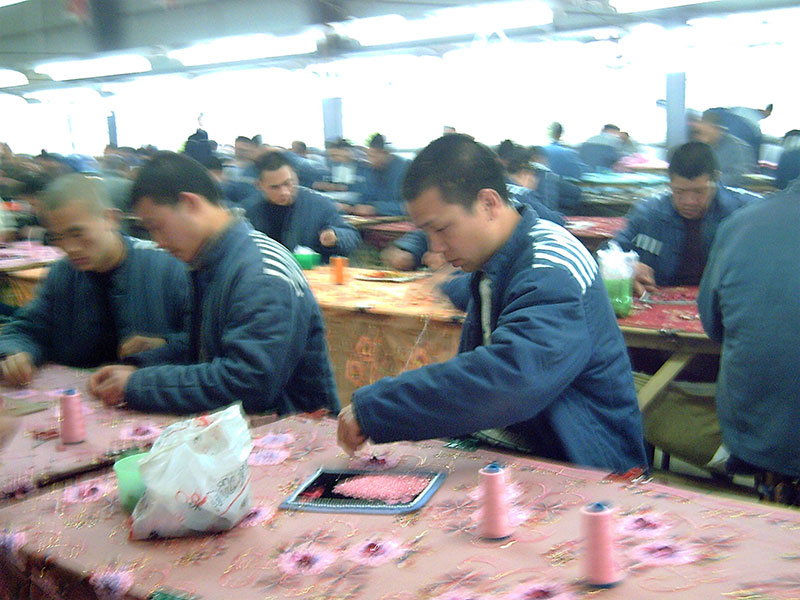 Prisoners in the Laogai system sewing products at a labor camp
