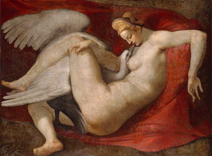 Copy of Michelangelo painting of a nude Leda intertwined with a swan