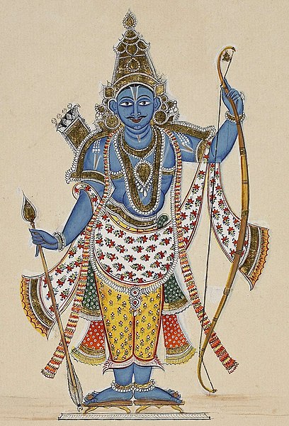 Elaborate color illustration of Lord Rama with bow and arrow, showing Rama as a blue figure in patterned clothing