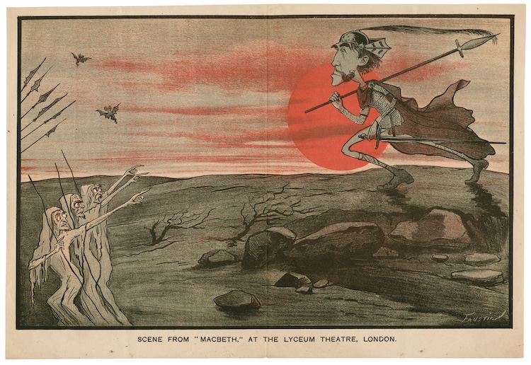 Cartoon-style drawing in black, sepia, and red of Macbeth and the three witches