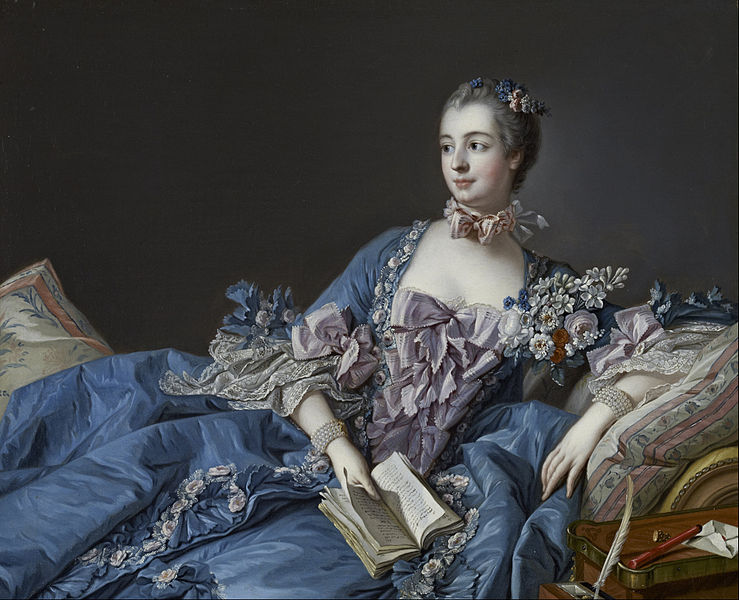 1700s painted color portrait of Madame de Pompadour (by François Boucher), pictured lounging in voluminous dress with book in lap