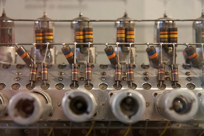Close-up color photograph of some of MANIAC's tubes and circuits
