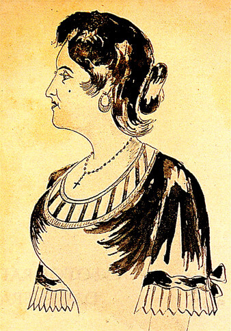 Ink on paper drawing of a woman in profile, swooping black lines on yellowed background
