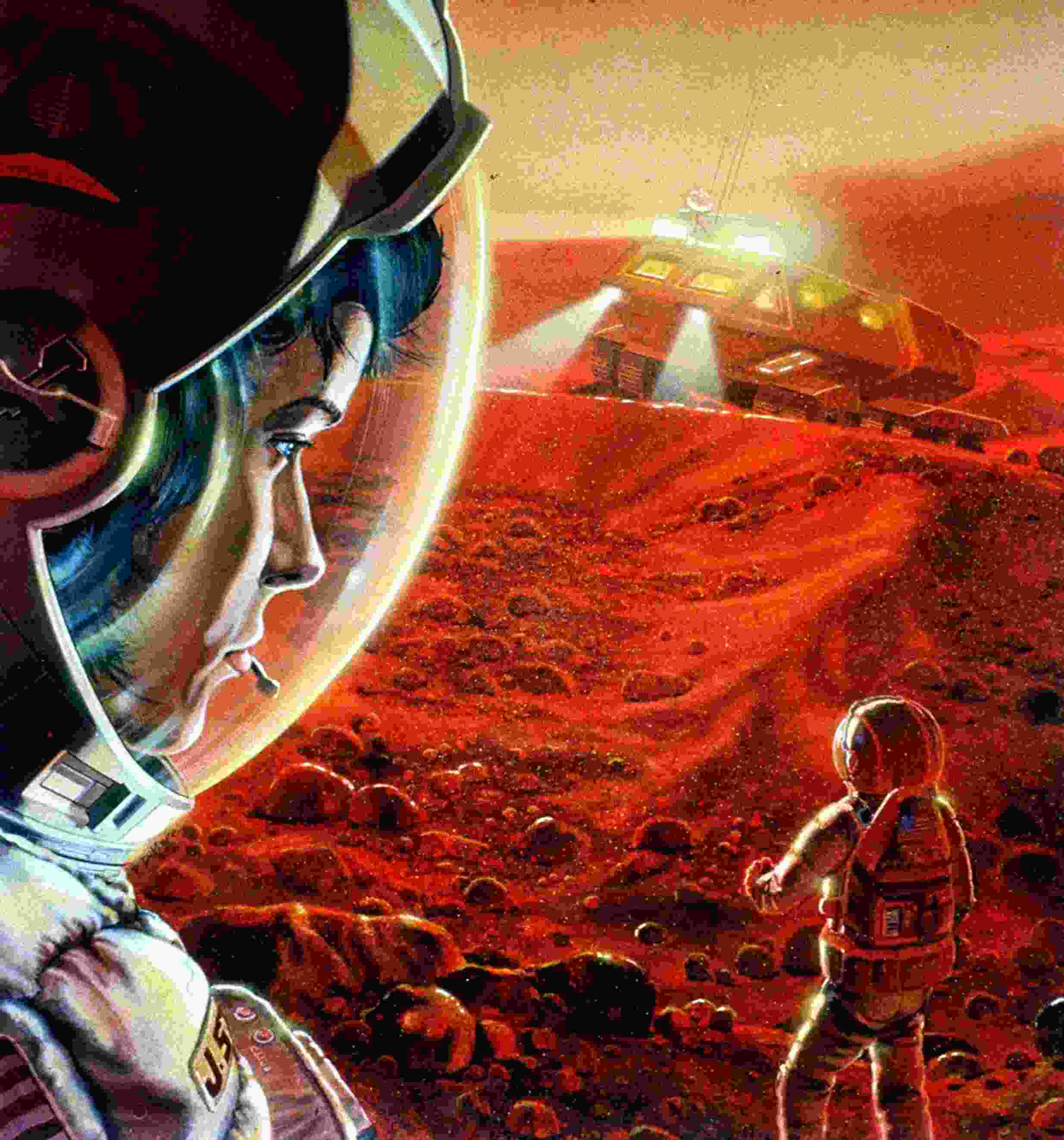 A painting of astronauts walking on Mars during a dust storm