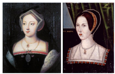 Side-by-side painted portraits of Mary and Anne Boleyn, wearing jewelry and dark clothing, against dark backgrounds