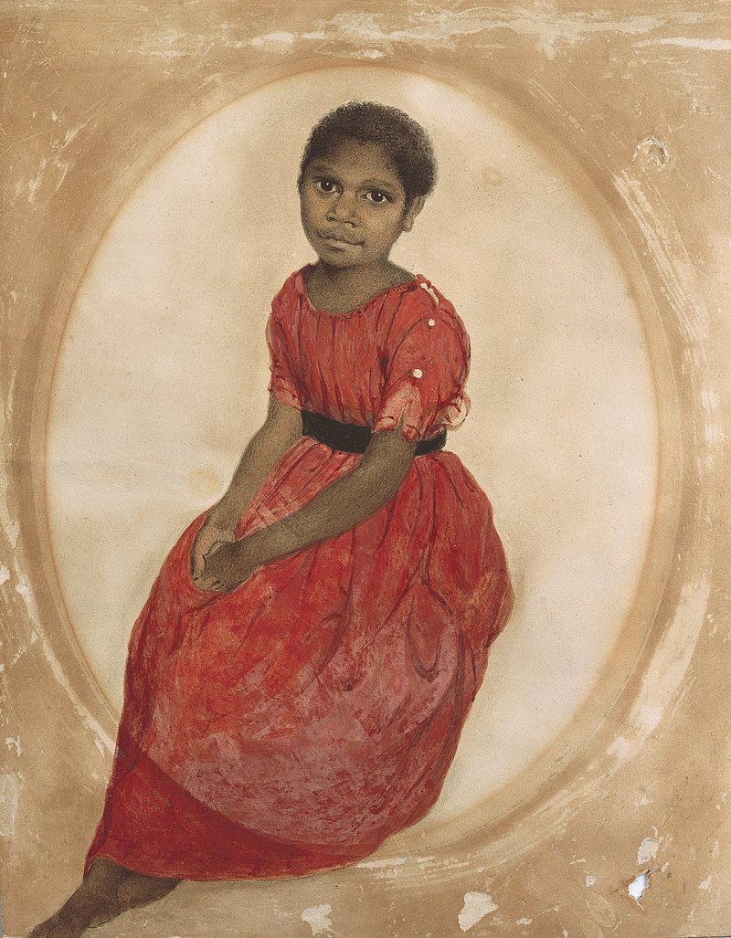 watercolor painting of Mathinna, age seven, in a red dress