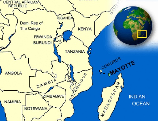 Map showing Mayotte off the east coast of Africa