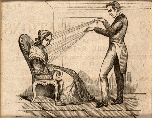 Drawing of a Mesmerism practitioner treating a woman