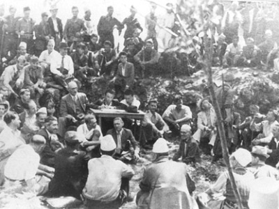 Black and white photo of a conference