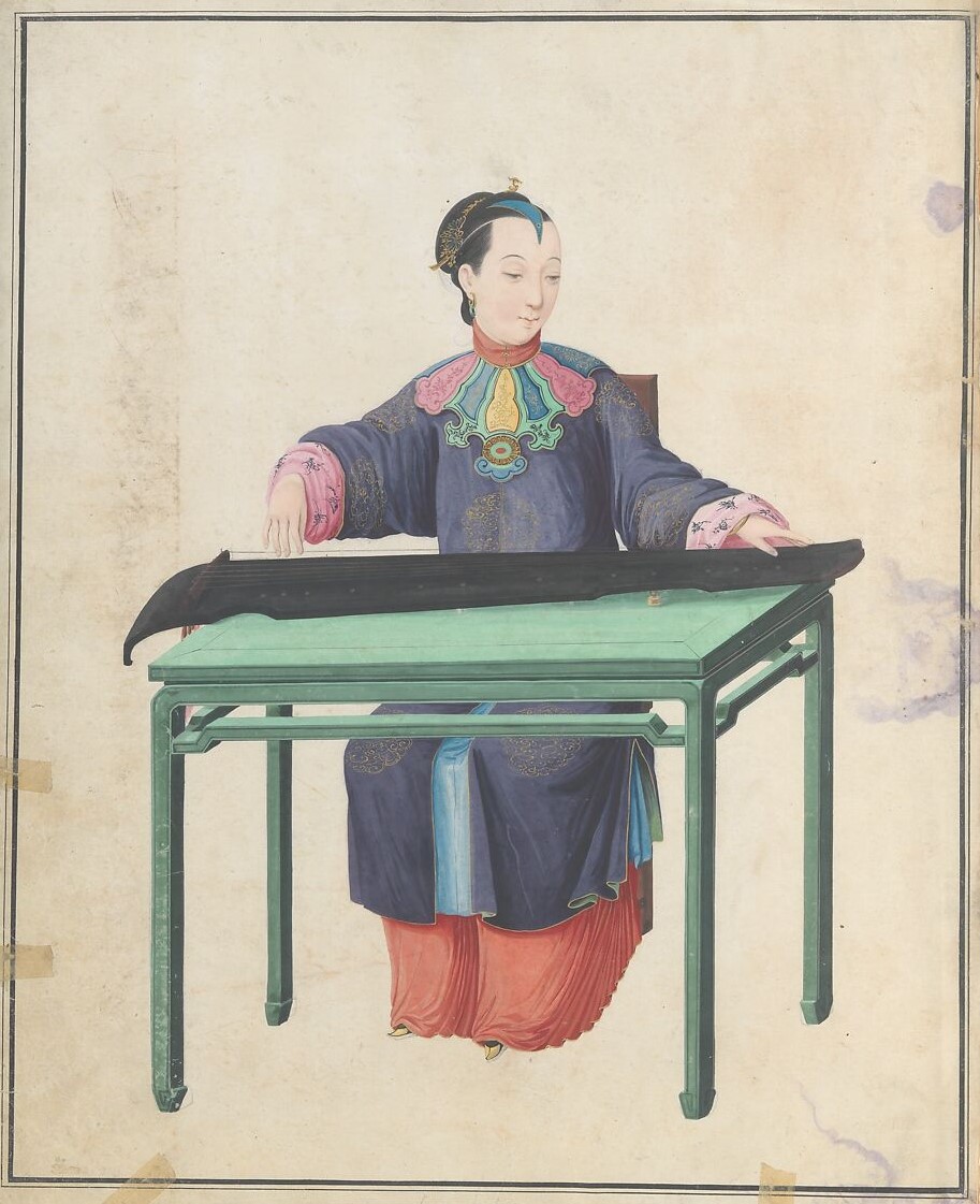 Illustration of musician in colorful dress playing qin while standing