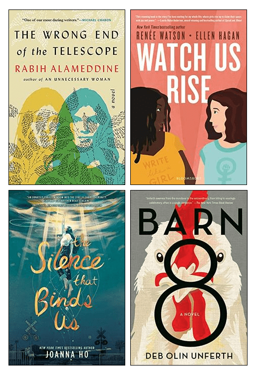 Covers of novels about trying to do good: The Wrong End of the Telescope, The Silence That Binds Us, Barn 8, Watch Us Rise