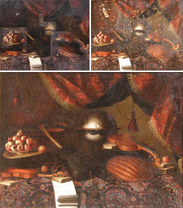Visual showing different stages of restoration of a still life displaying an assortment of objects