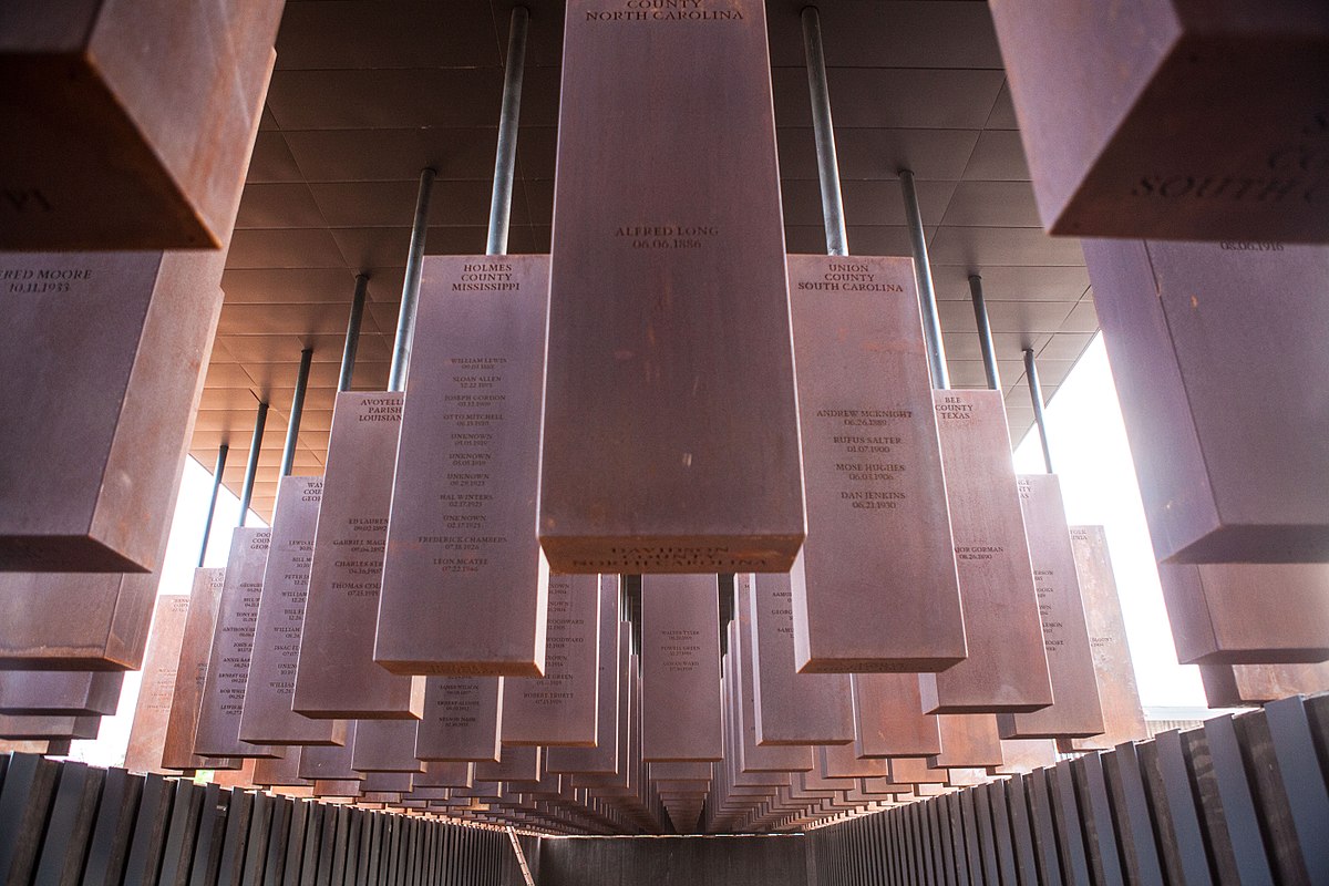 Steel monuments featuring names of lynching victims