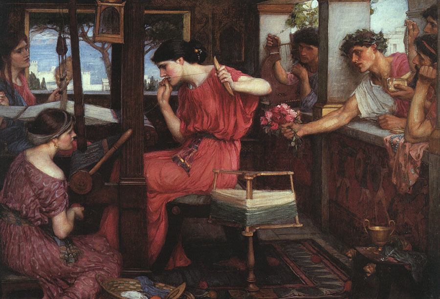 Painting of Penelope weaving surrounded by suitors