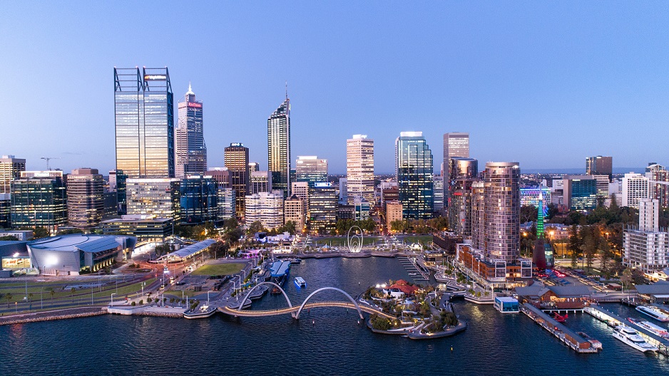Perth skyline featuring skyscrapers and a harbor