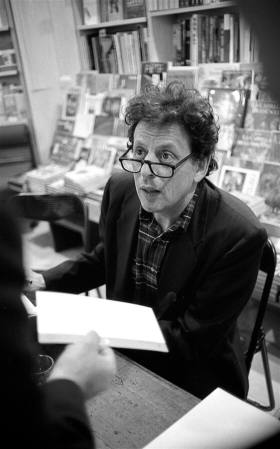 Black and white photo of Philip Glass in 1993