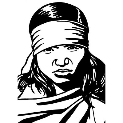 A black-and-white illustration of Phoolan Devi, with long hair worn under a headband