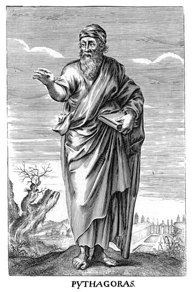 Black-and-white illustration of the philosopher Pythagoras, standing outside with a book under one arm and the other arm extended