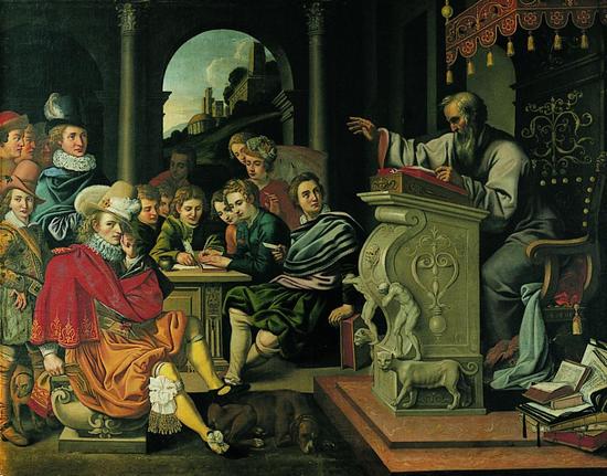 A painting of a man at a podium speaking while students listen