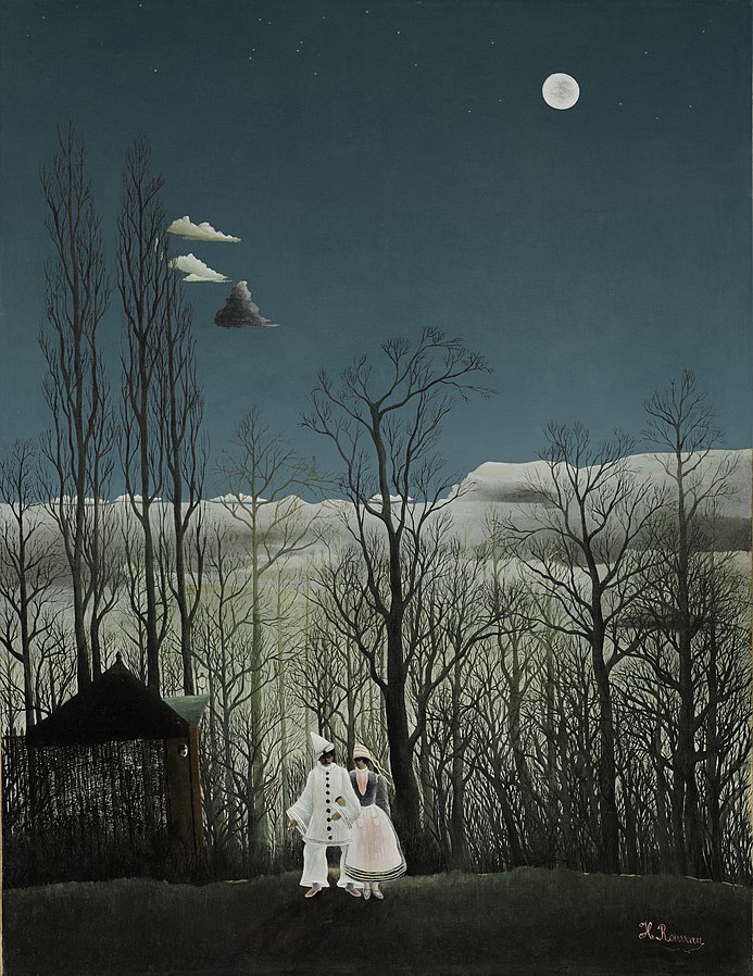 Carnival Evening by Henri Rousseau depicting night sky with moon, barren trees, and two figures in carnival attire