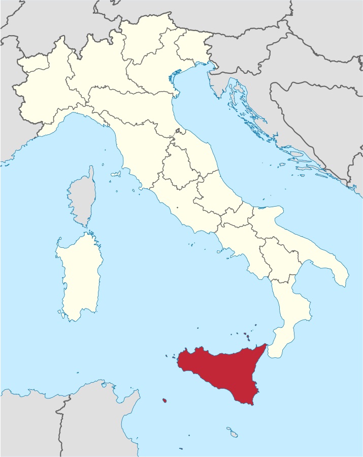 Map showing Sicily to the southwest of Italian mainland