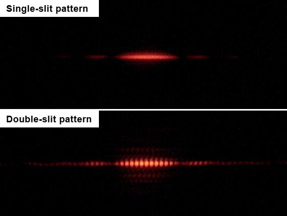 Set of images showing the single-slit pattern as a band of light that is broad in the center and fades towards the edges, and the double-slit pattern as a similar band of light that is fractured into sections and alternating dark-light bands as it emanates outwards