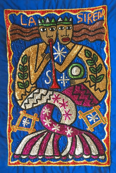 Embroidered Haitian drapo art featuring two mermaids