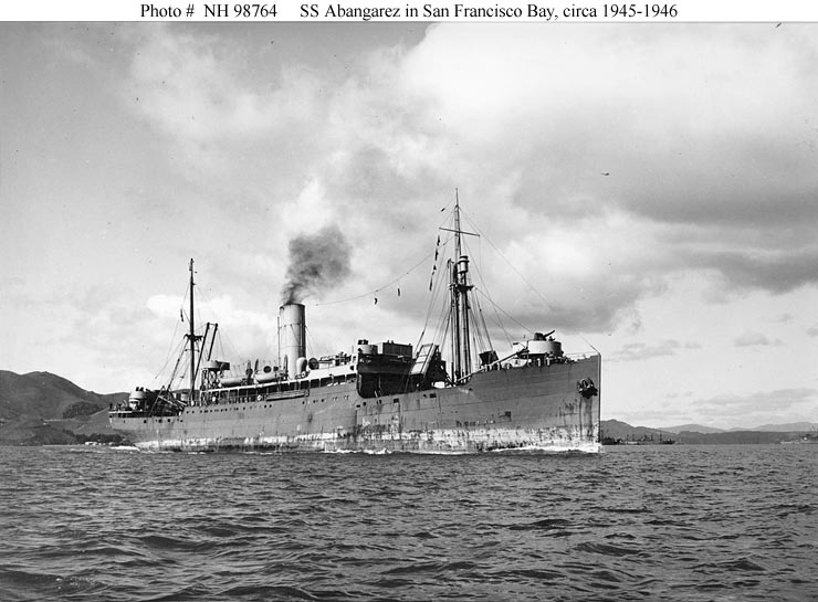 Black-and-white photo of a United Fruit banana boat on water, with land visible in background, circa 1945