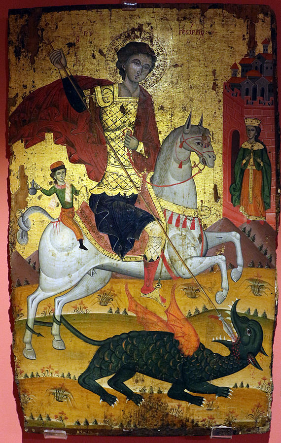 Gold-plated icon featuring St. George on horseback slaying dragon with a spear