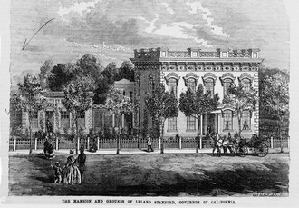An engraving of Leland Stanford's Sacramento mansion