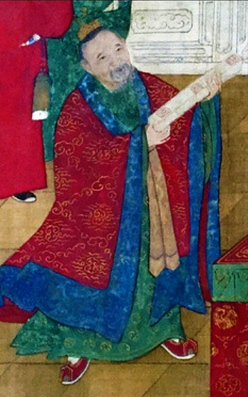 A drawing of a priest holding a scroll