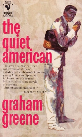 Vintage cover of The Quiet American featuring a man in a suit lighting a cigarette