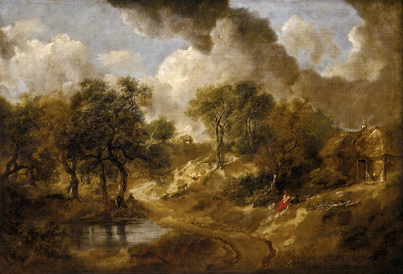 landscape oil painting featuring trees and cloudy sky by Thomas Gainsborough